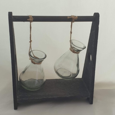Wooden Frame Stand with 2 Clear Glass Vases