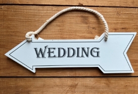 White Hanging Wooden Wedding Arrow Sign